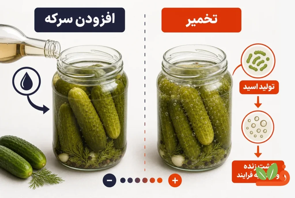مقایسه روش اسیدیشدن خیارشور تخمیری و خیارشور سرکهای