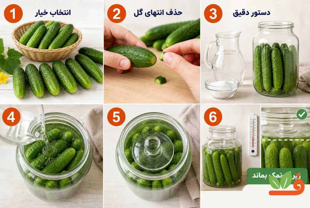 مراحل تهیه خیارشور تخمیری با غوطهوری کامل خیار در آبنمک