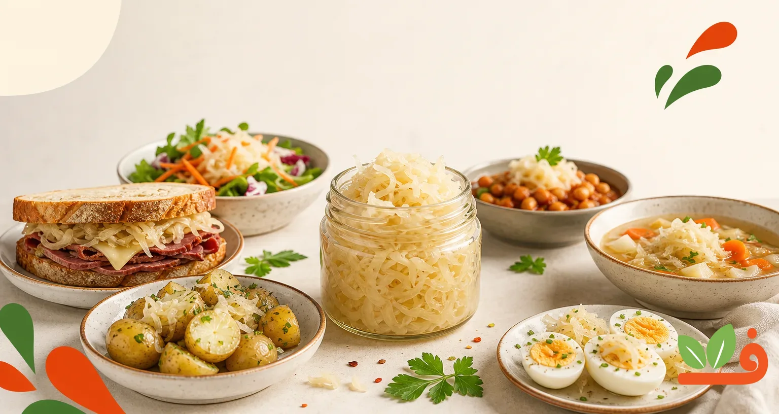 ساورکرات با چی بخوریم؛ ظرف کلم ترش کنار سیب‌زمینی، ساندویچ، سالاد، تخم‌مرغ و سوپ