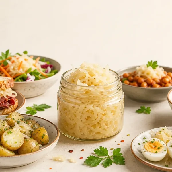 ساورکرات با چی بخوریم؛ ظرف کلم ترش کنار سیب‌زمینی، ساندویچ، سالاد، تخم‌مرغ و سوپ